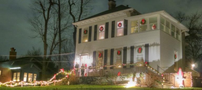 Historic home in holiday decoration.